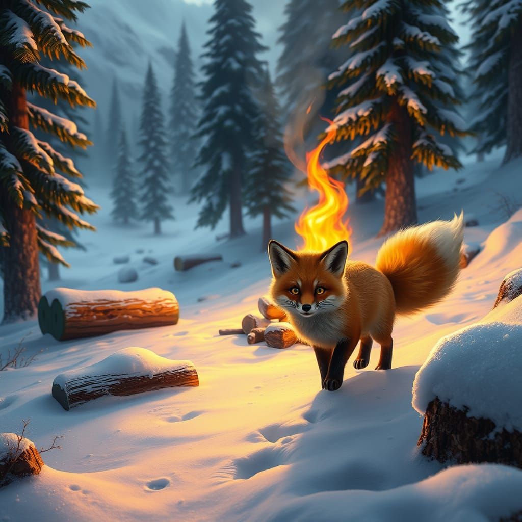 Whimsical Winter Wonderland with Friendly Fox in Fantasy Art...