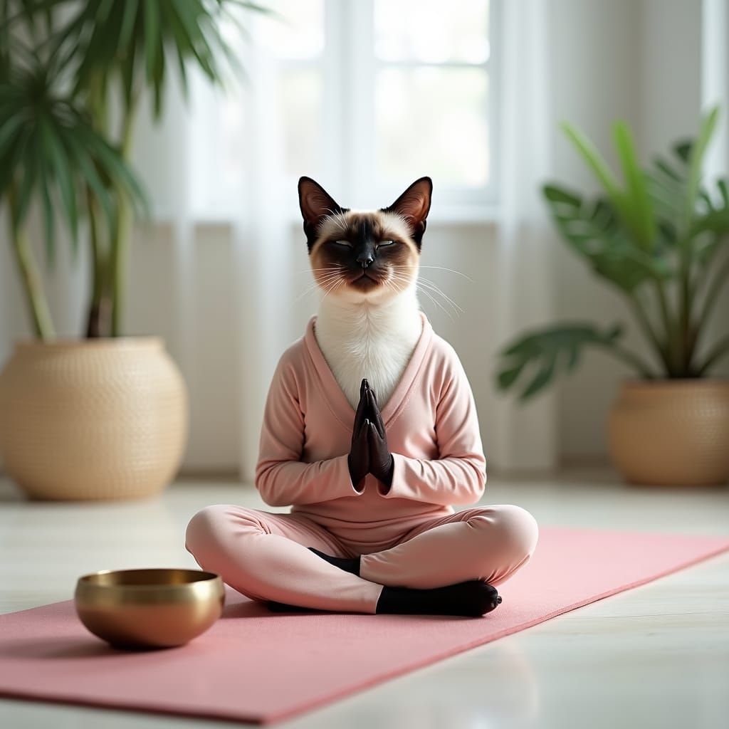 Siamese Cat Meditating in Yoga Studio