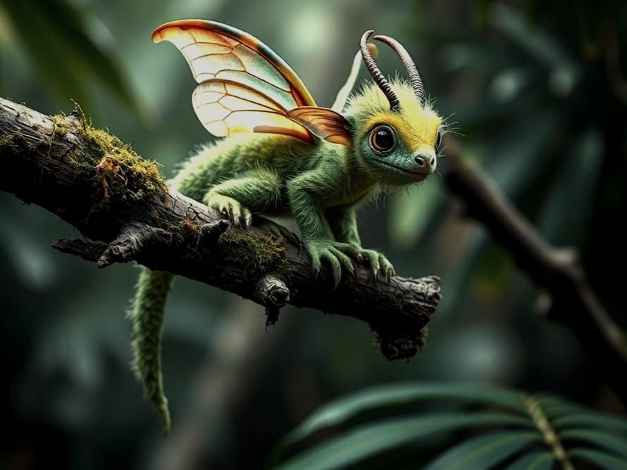 Furry Green Dragon Perched in Jungle Canopy