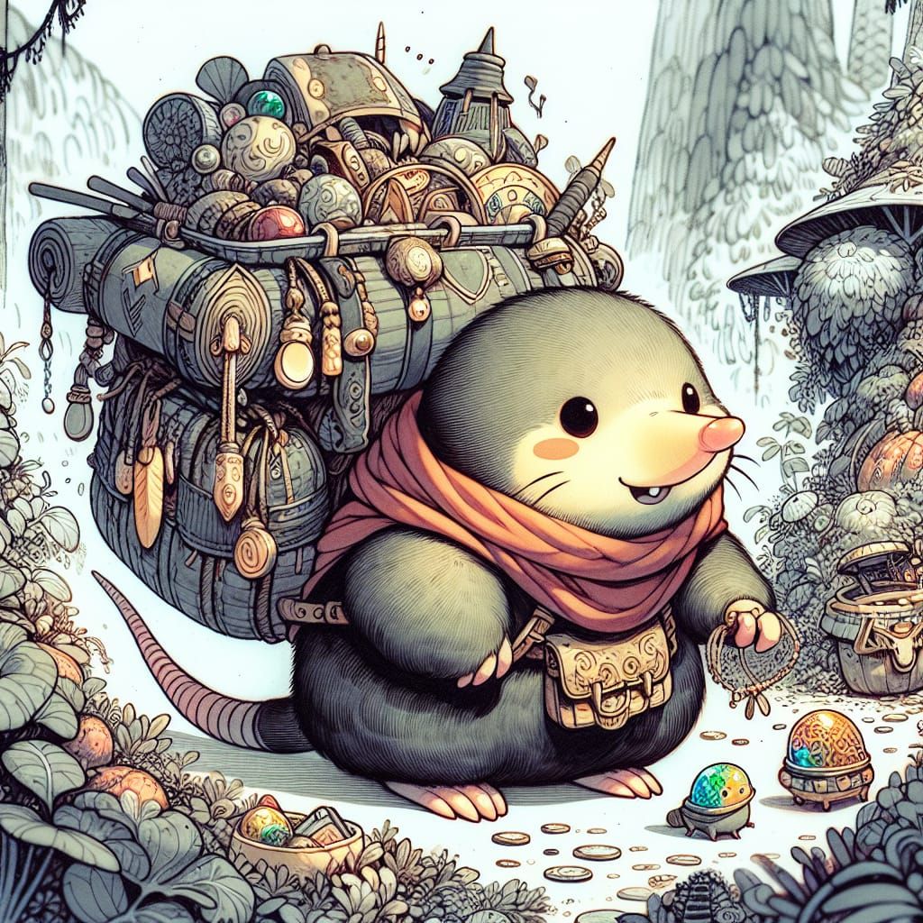 Cute Mole Merchant in Whimsical Fantasy Landscape