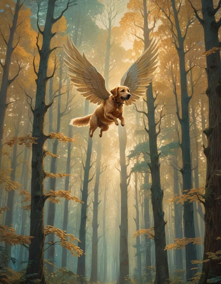 Winged Dog in Ethereal Forest: Symbolist Fantasy