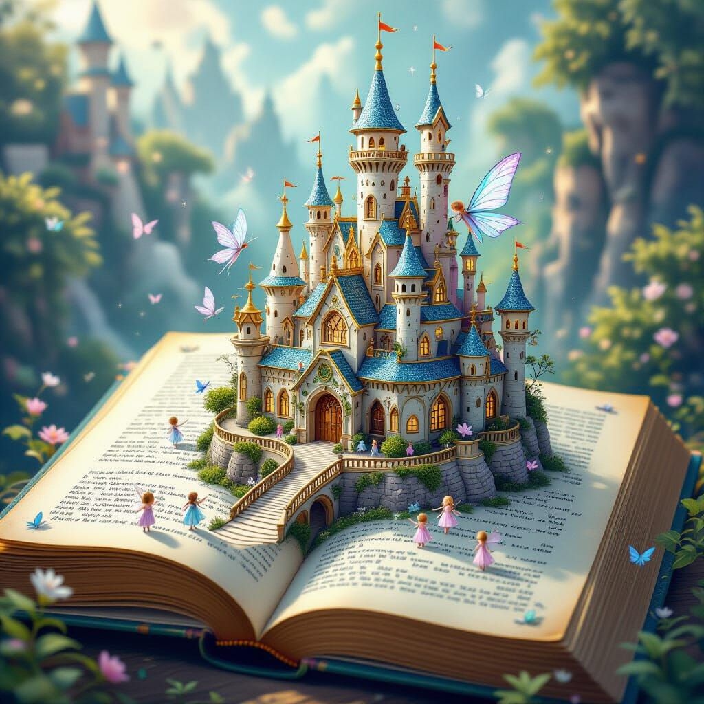 Fairy City Made of Book Pages in Digital Painting Style