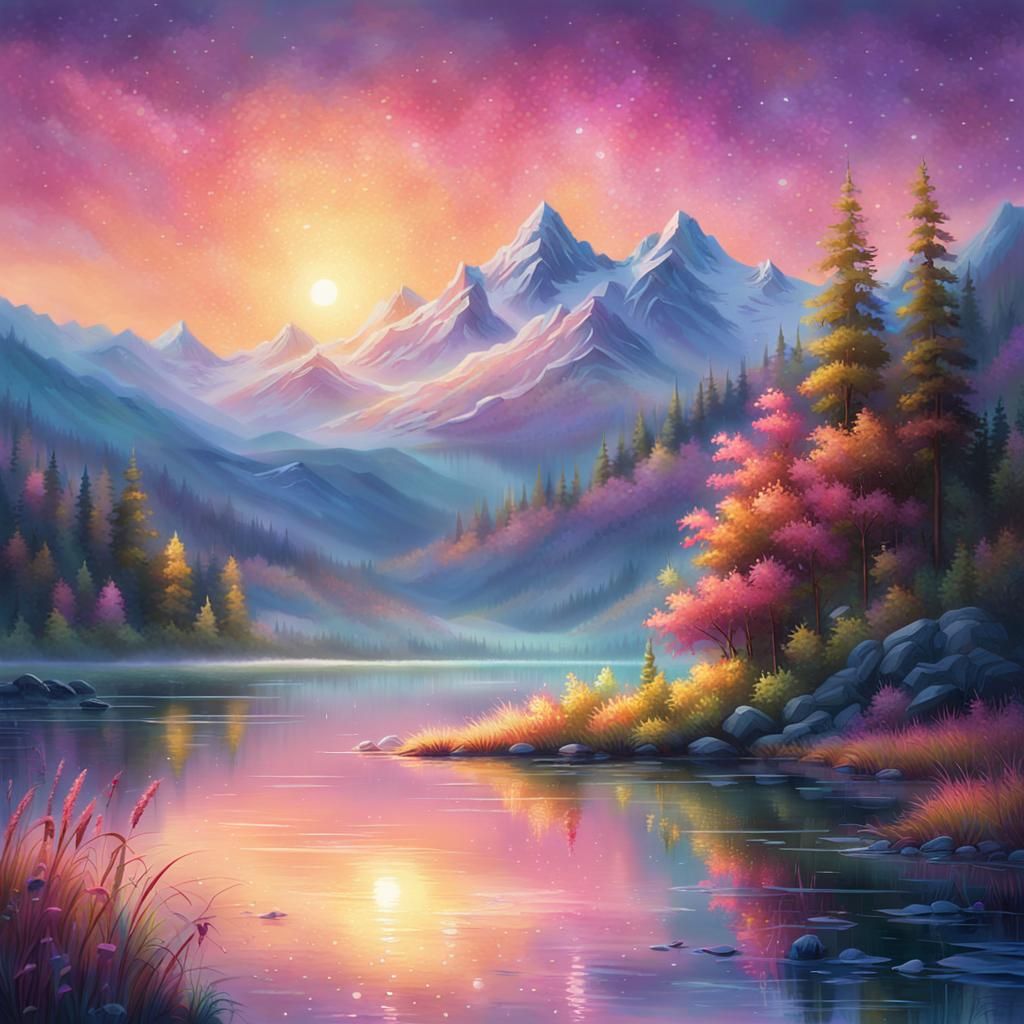 Sunset Mountain Lake in Fluorescent Impressionism