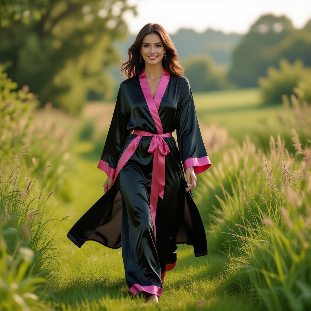Elegant Woman in Silk Robe in Countryside Garden