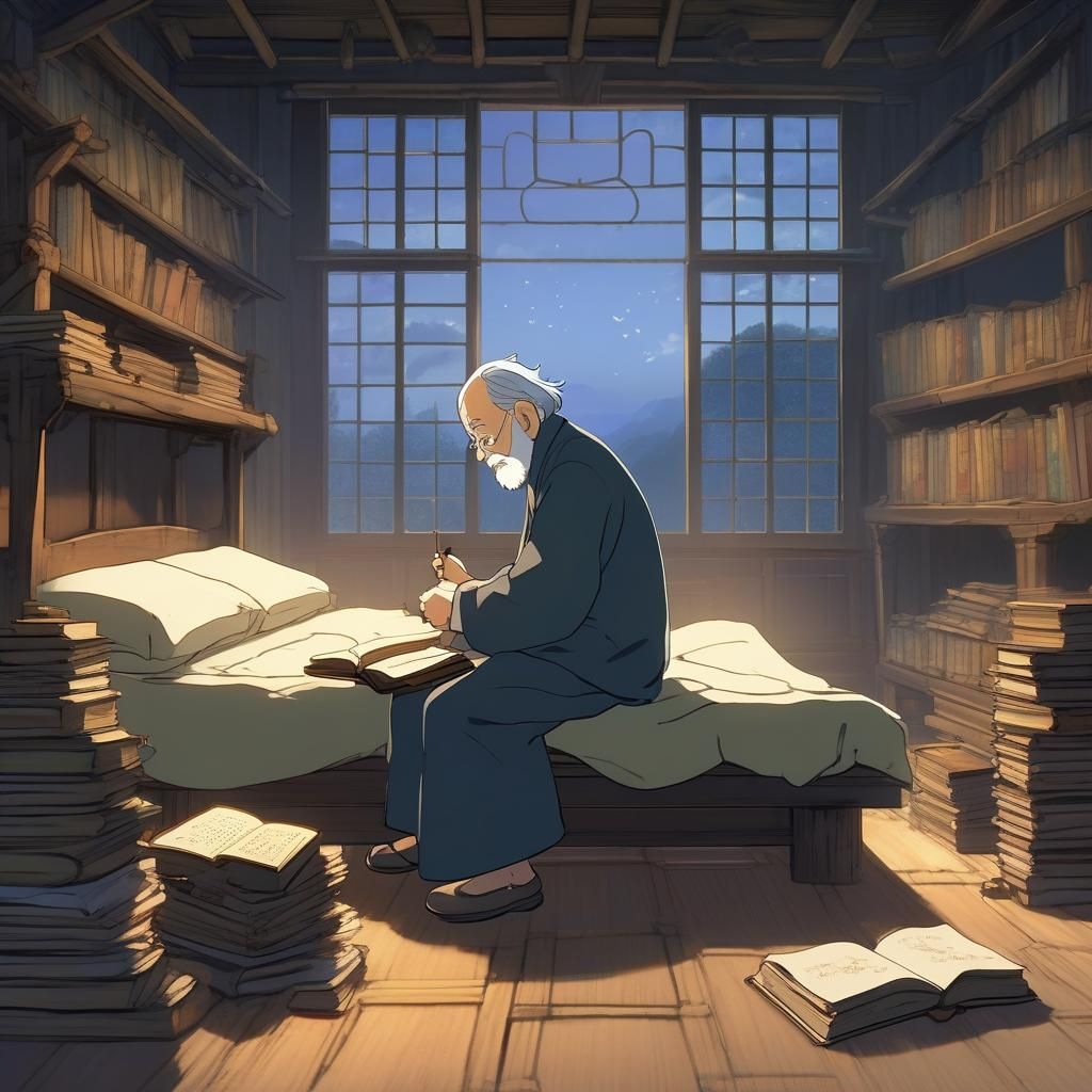 Elderly Man Writing Story: Studio Ghibli Style