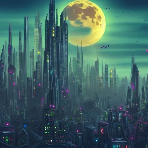 Detailed Futuristic Cityscape Silhouette in Fantasy Art Styl...