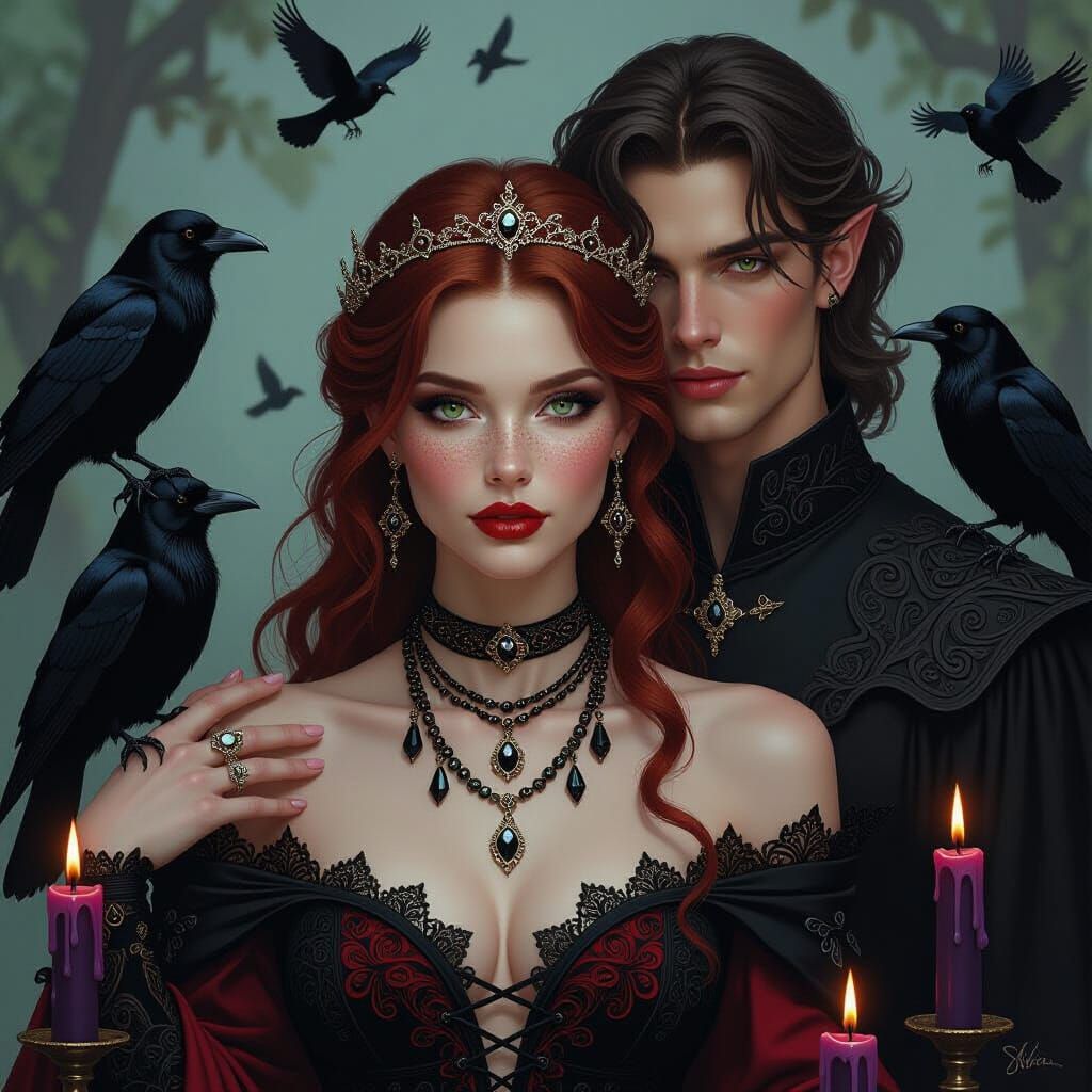 Gothic Woman with Crows and Fae Prince, Matte Painting