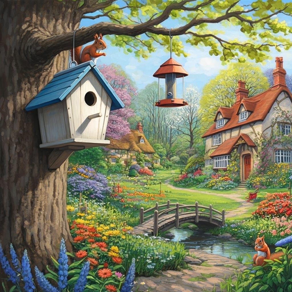 Squirrel Family in a Vibrant Spring Garden