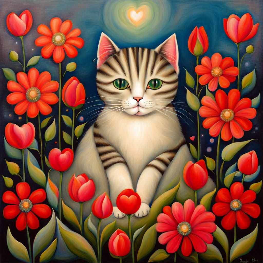 Cat Surrounded by Flowers in Surrealist Style