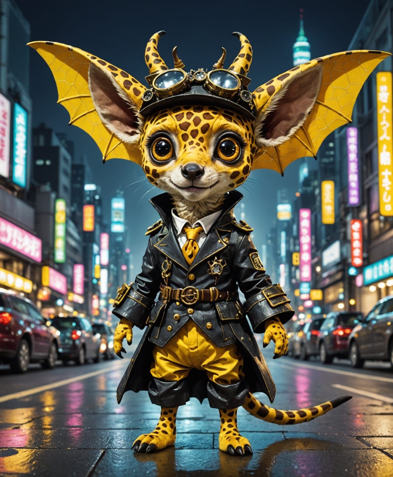 Tiny Giraffe Impostor in Cat Costume, Steampunk City