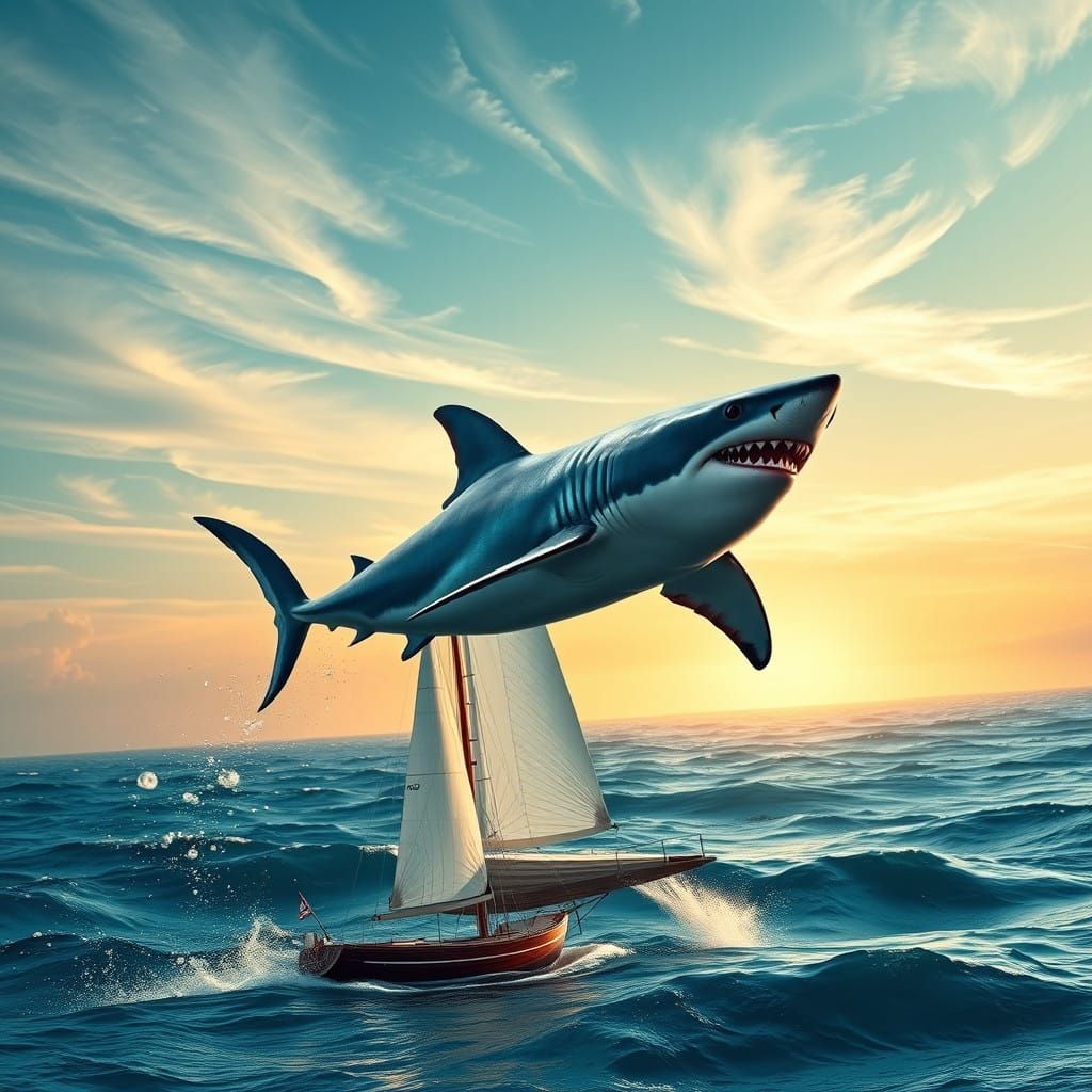 Majestic Shark Soars through Air, Clearing Sailboat in Surre...