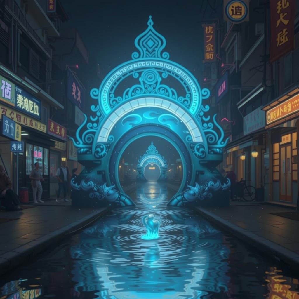 Surreal Water Portal in Asian Cityscape