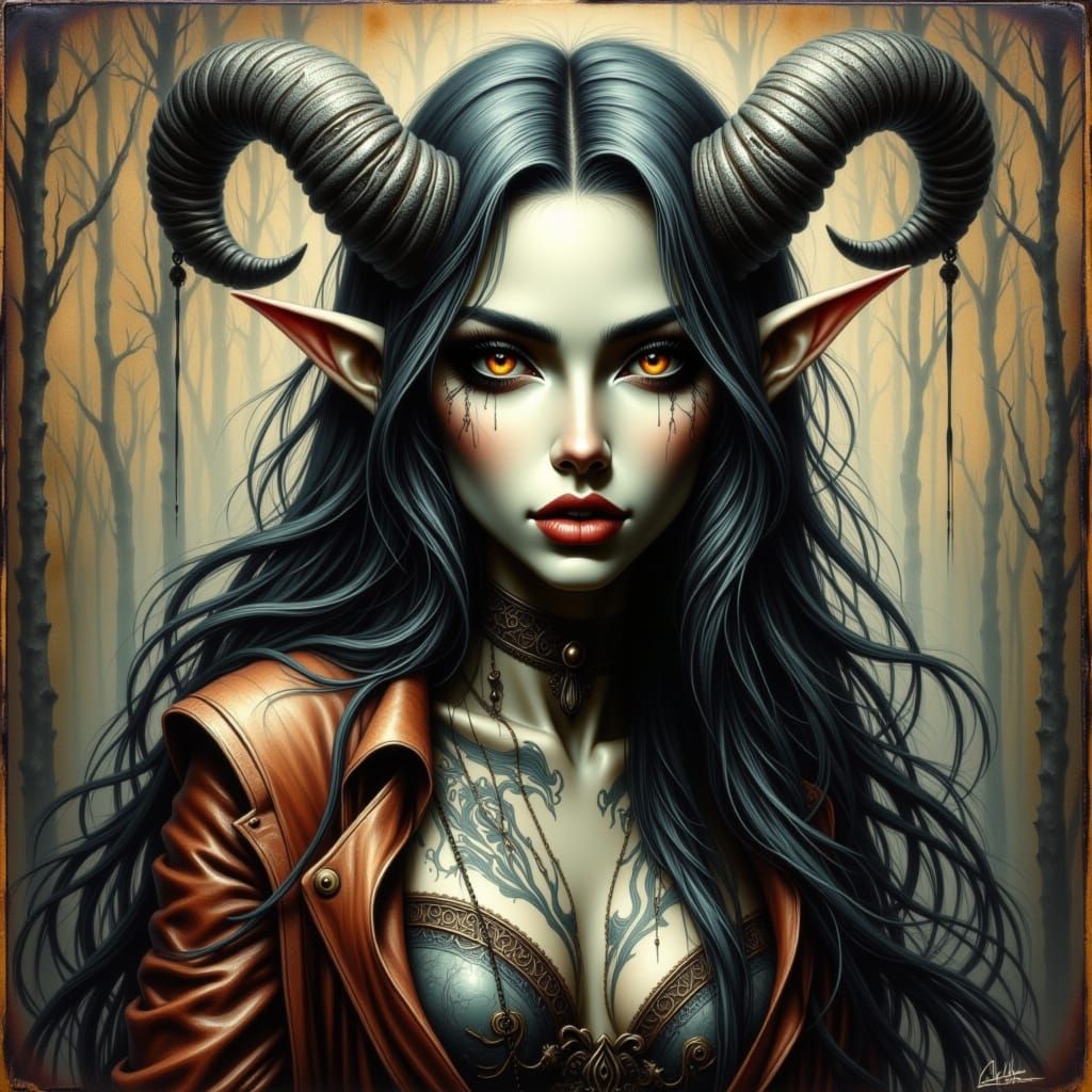 Horned Sorceress with Glowing Eyes in Dark Fantasy Style
