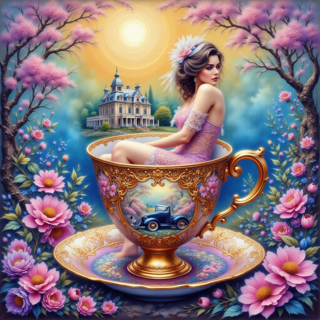 Teacup with Vintage Scene