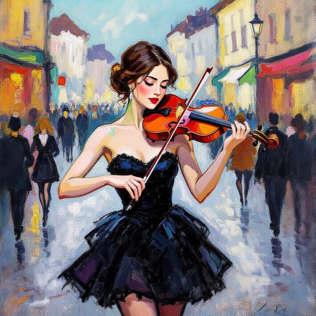 Woman Violinist in Bustling Street, Expressionist Style