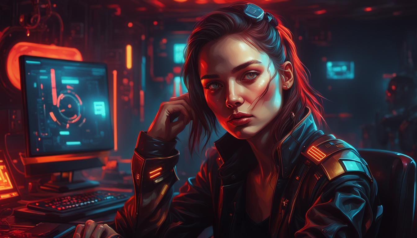 Cyberpunk Woman at Computer in Futuristic Room