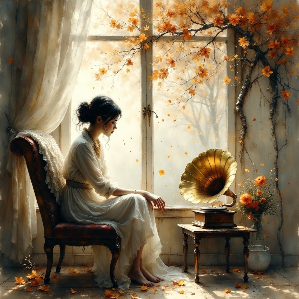 Surreal Woman Listens to Music by Window in Pencil and Charc...