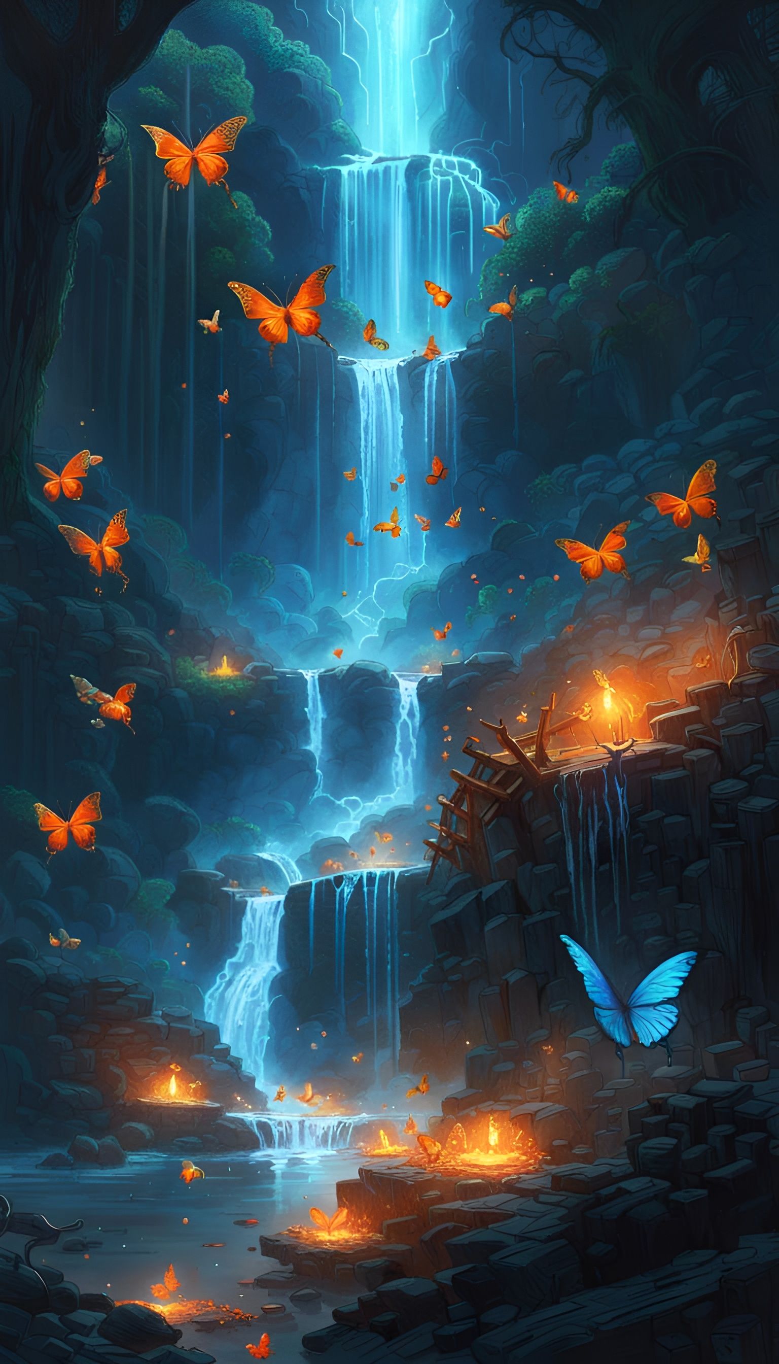 Magical Blue Waterfall with Orange Butterflies