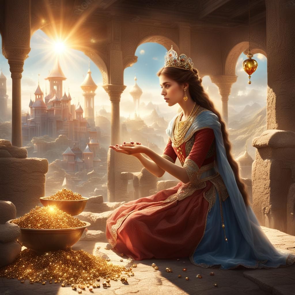 Princess Gives Gems to the Poor Under Bright Sun