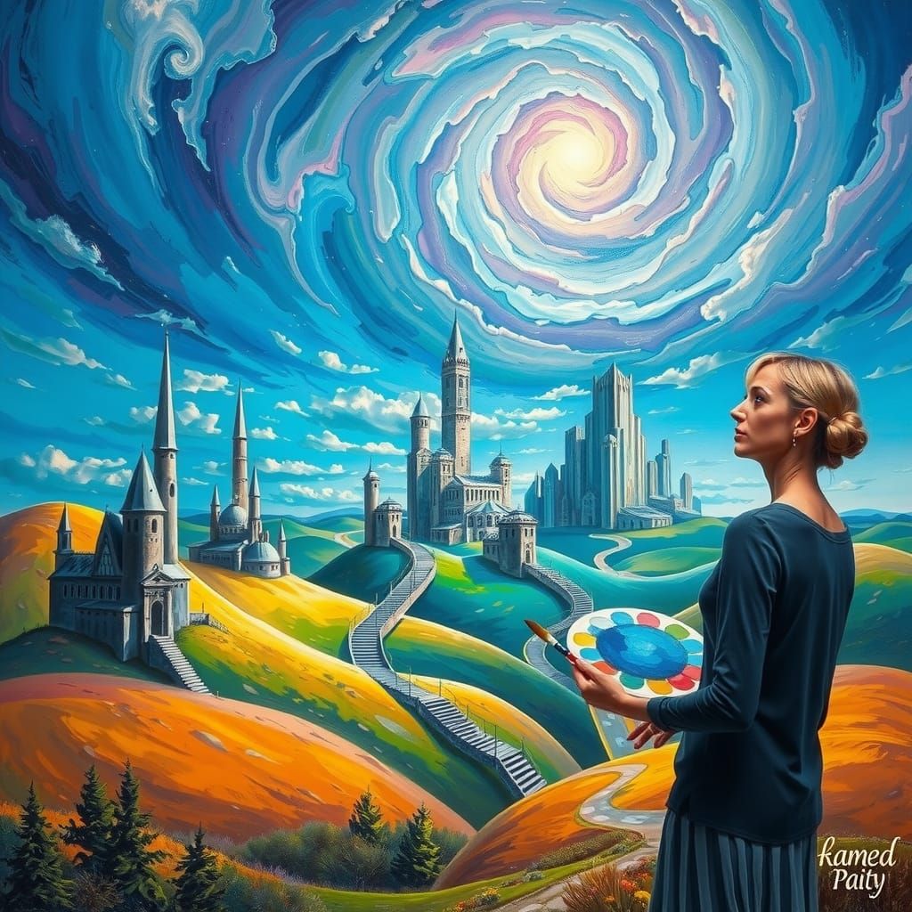 Surreal Dreamscape Painting with Impossible Geometry