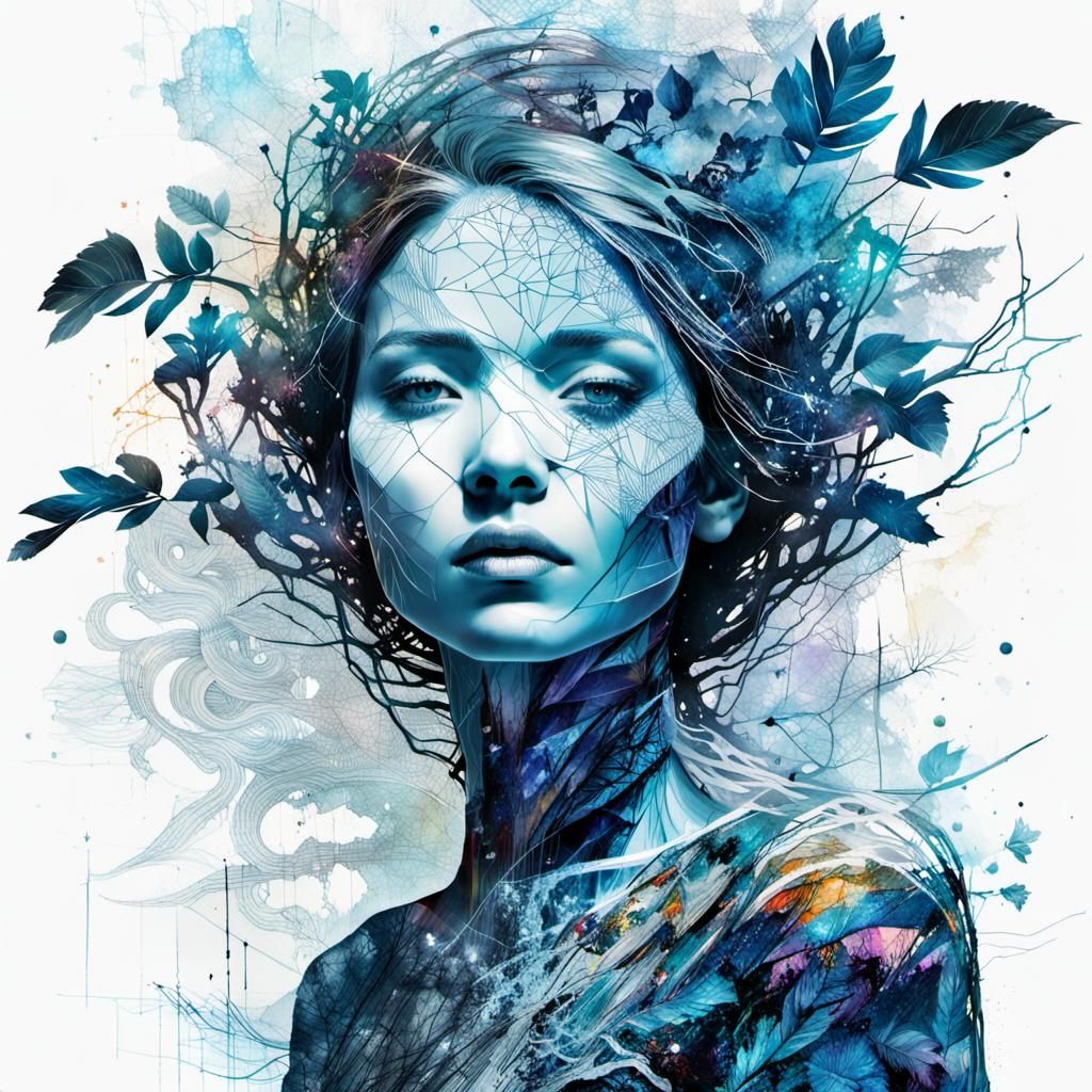 Glowing Silhouette Tree Woman with Geometric Patterns