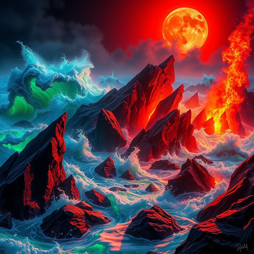 Ethereal Chaos: Obsidian Coast Under Blood-Red Moon