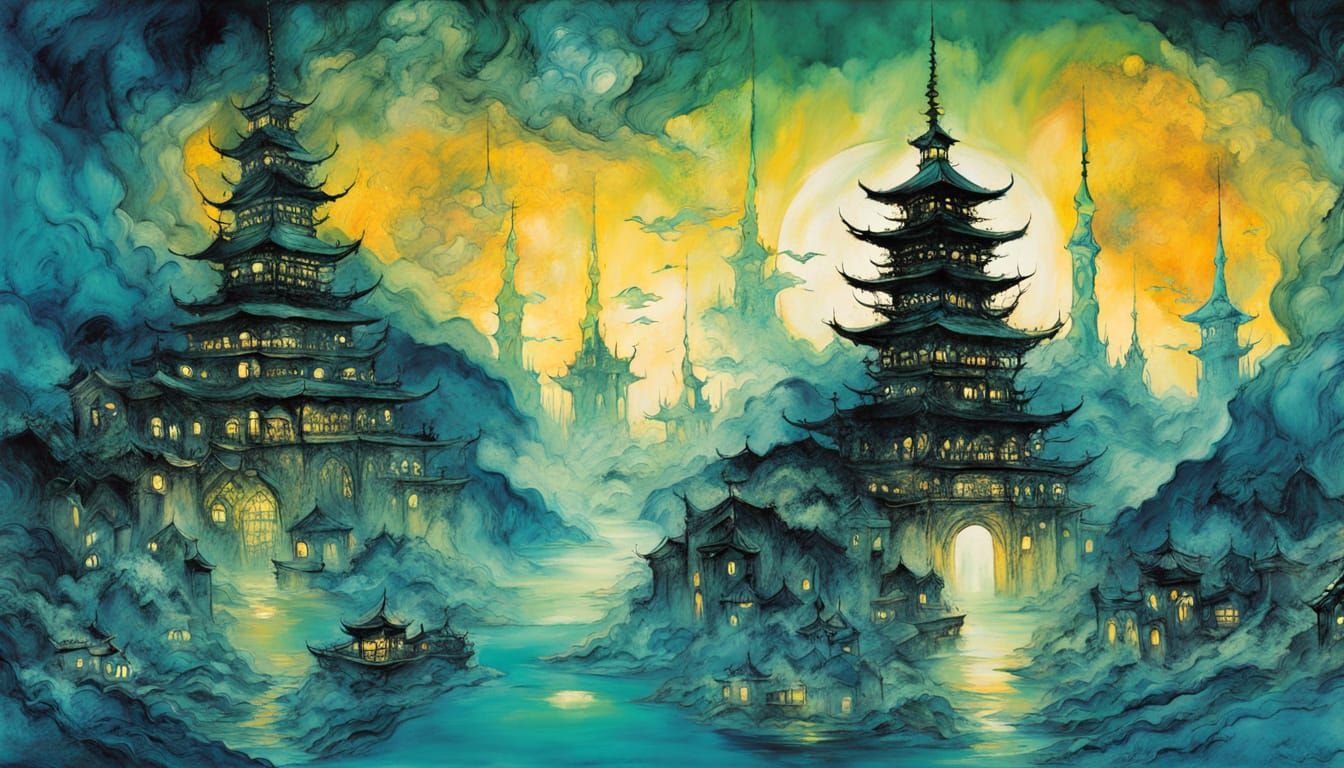 Underwater Metropolis in Yoshitaka Amano Style