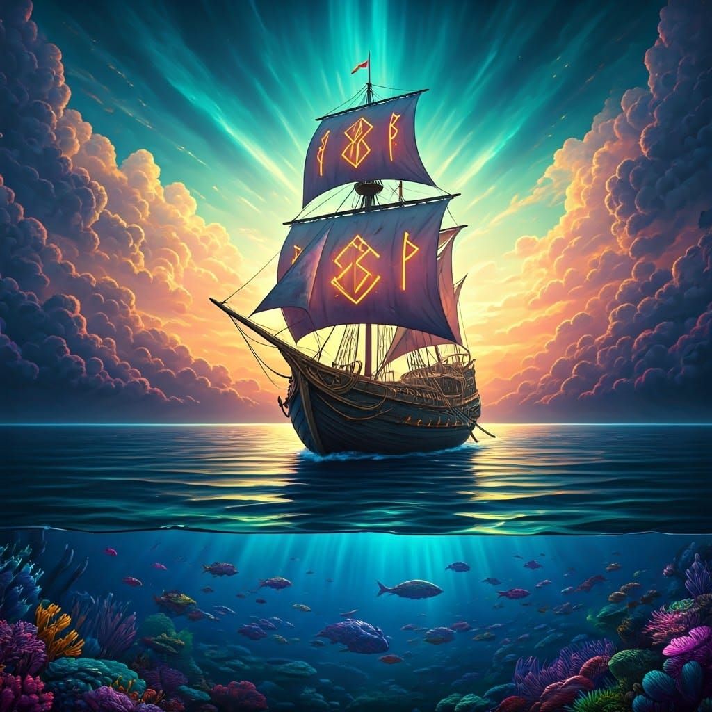 Mystical Boat Soaring Through Iridescent Ocean