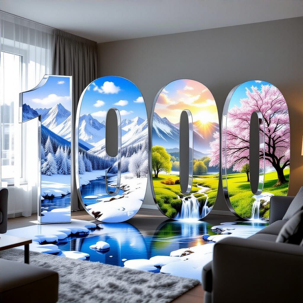 Hyperrealistic Living Room with Seasonal Numeral Landscapes