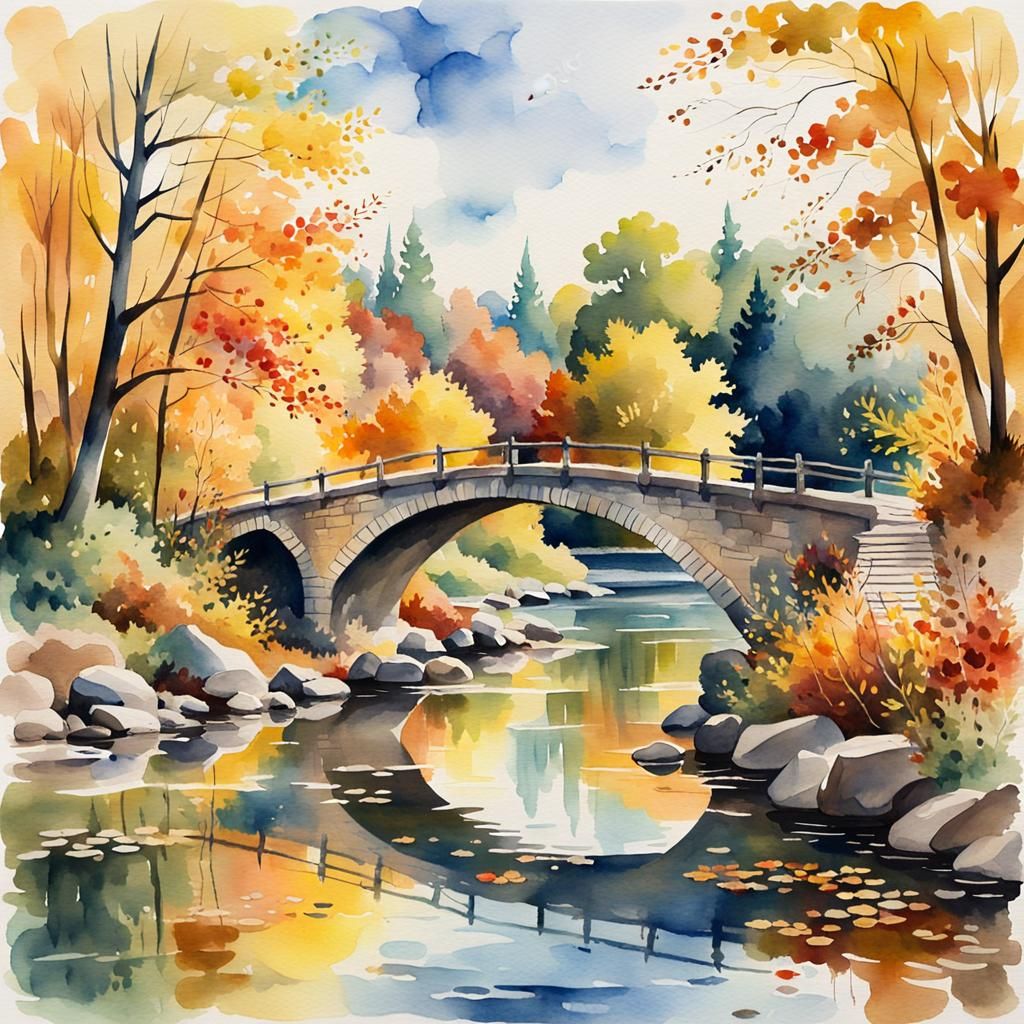 Autumn River Bridge in Watercolor Impressionist Style