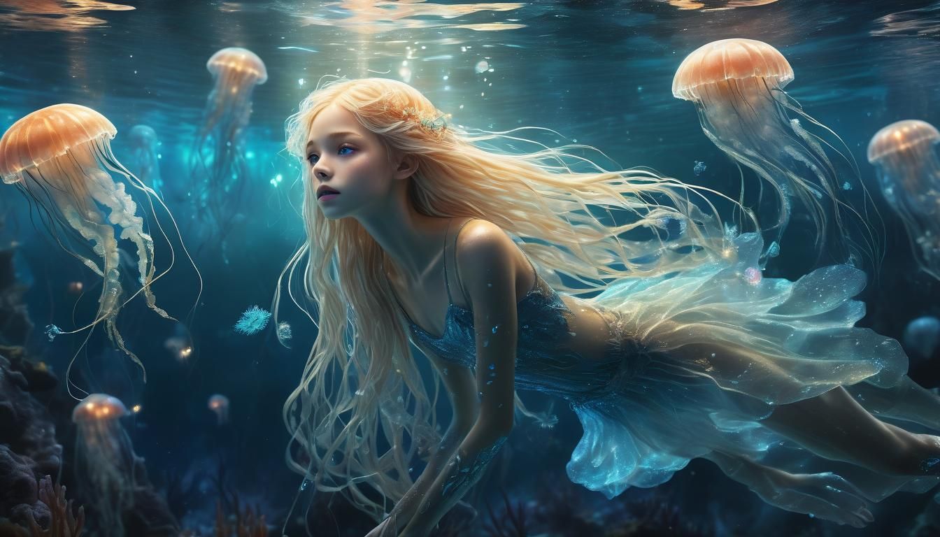 Water Fairy Swimming Among Glowing Jellyfish