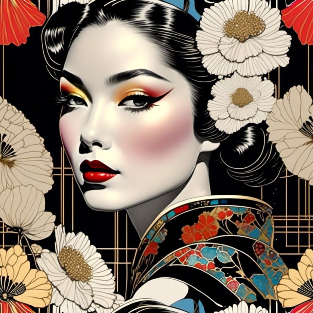 Geisha Girl Portrait in Scrapbook Collage Style