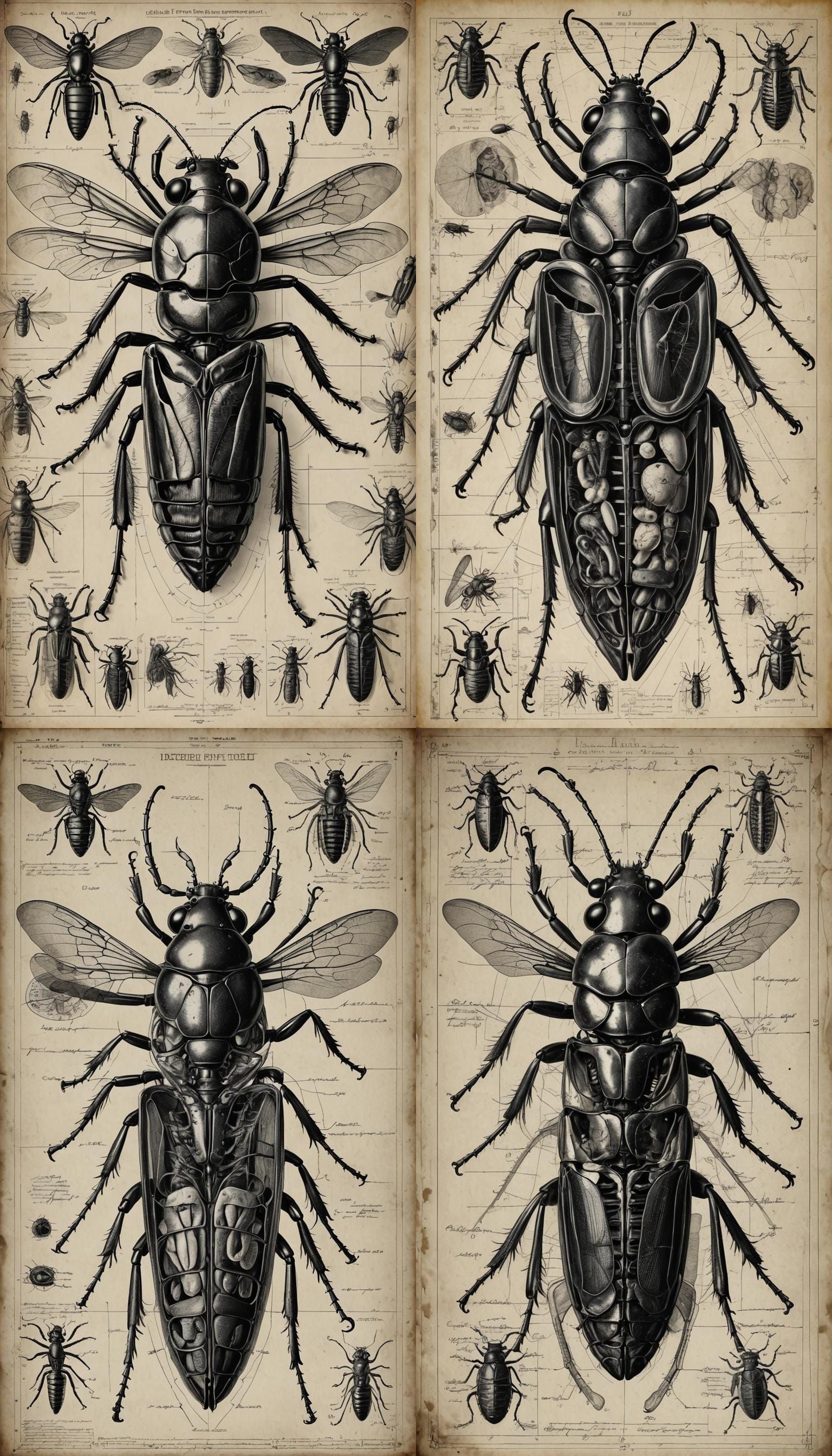 Detailed Insect Autopsy Blueprint in Black and White