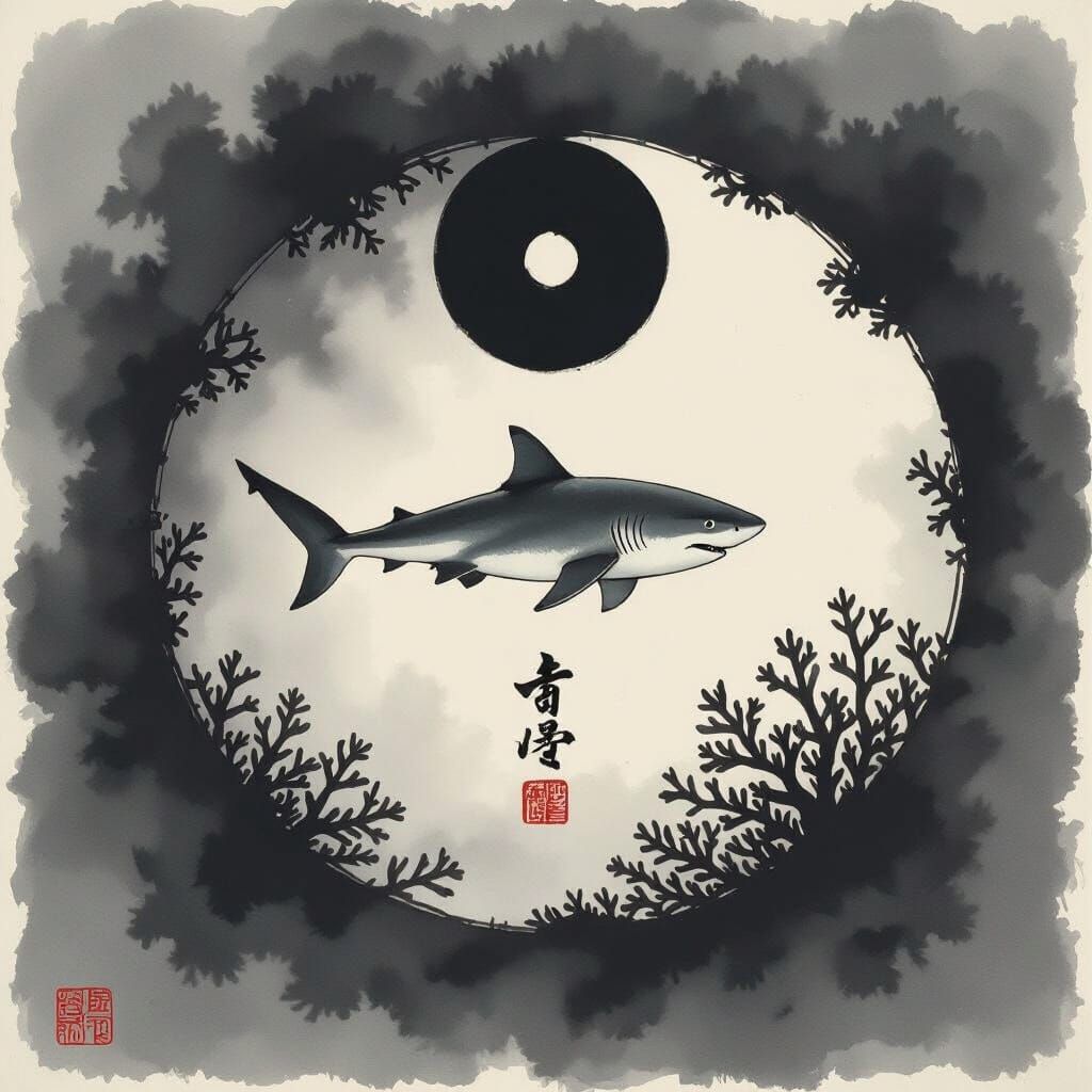 Shark in Dark Water: Ink Wash Painting with Yin-Yang