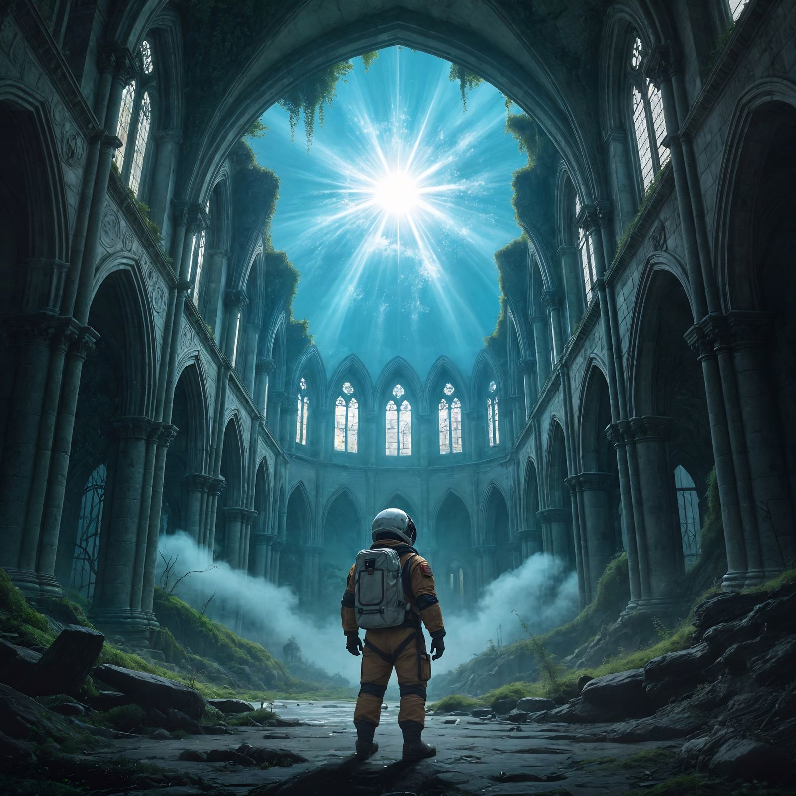 Cosmonaut in Nature-Reclaimed Cathedral Concept Art