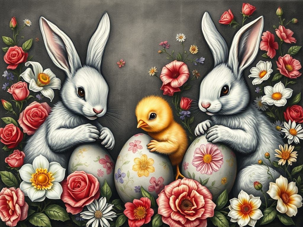 Bunnies Painting Easter Eggs in Renaissance Style