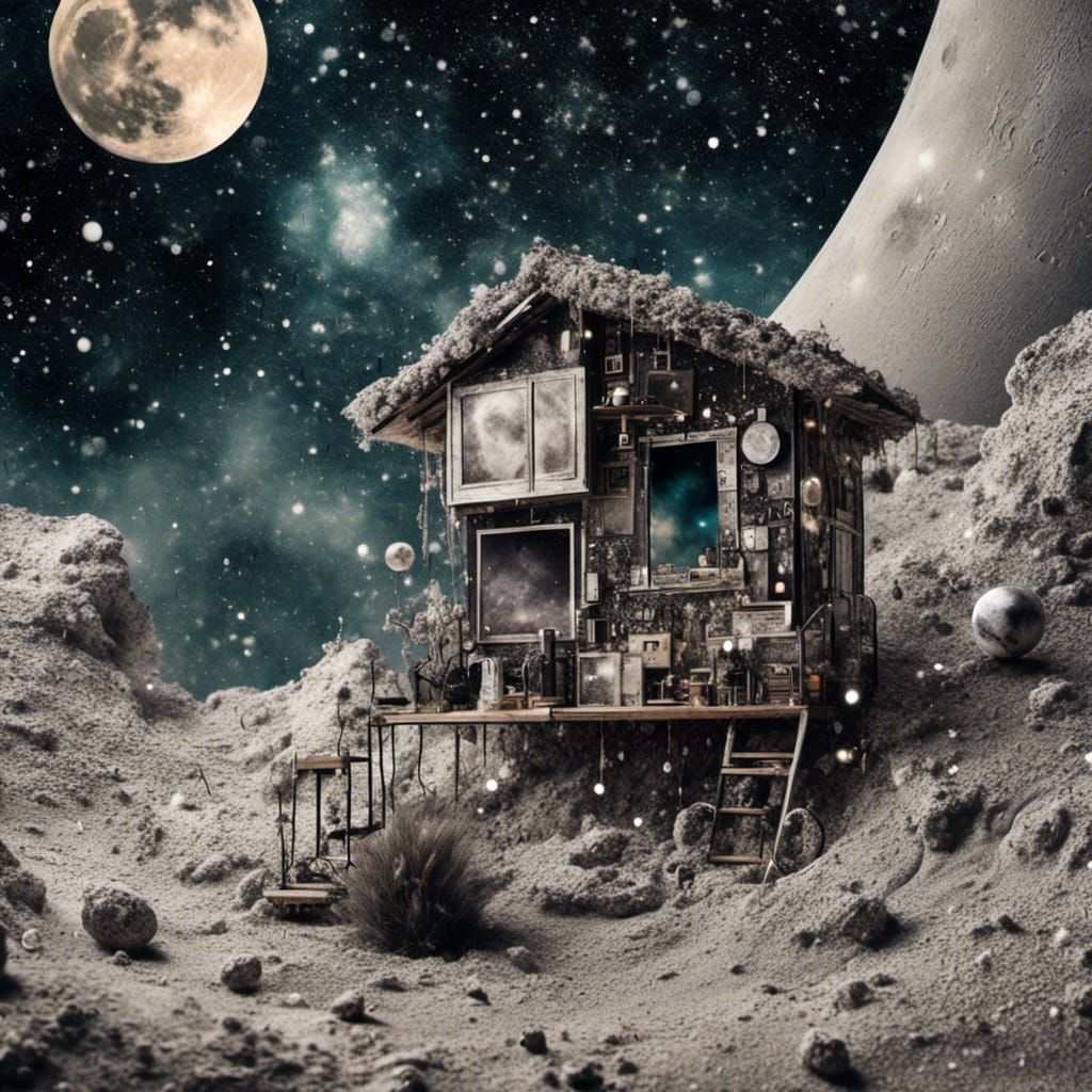 Cozy Moon Shack Against Galactic Dust Background