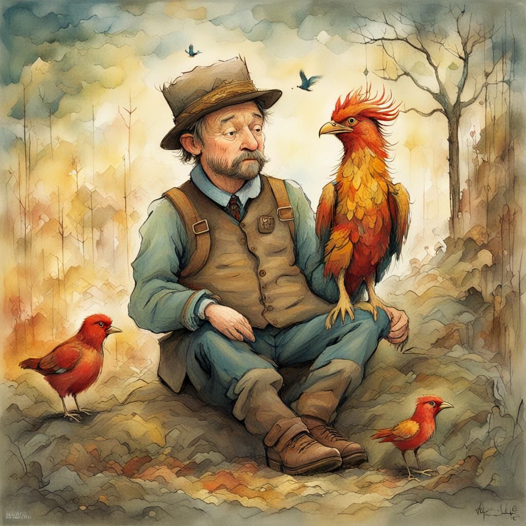 Squire and Phoenix Whimsical Illustration