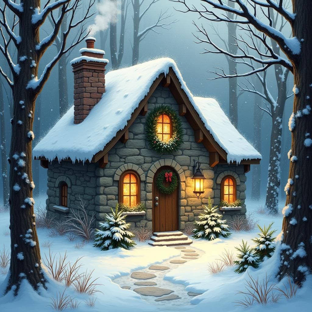 Snowy Cottage in Winter Forest, Digital Painting