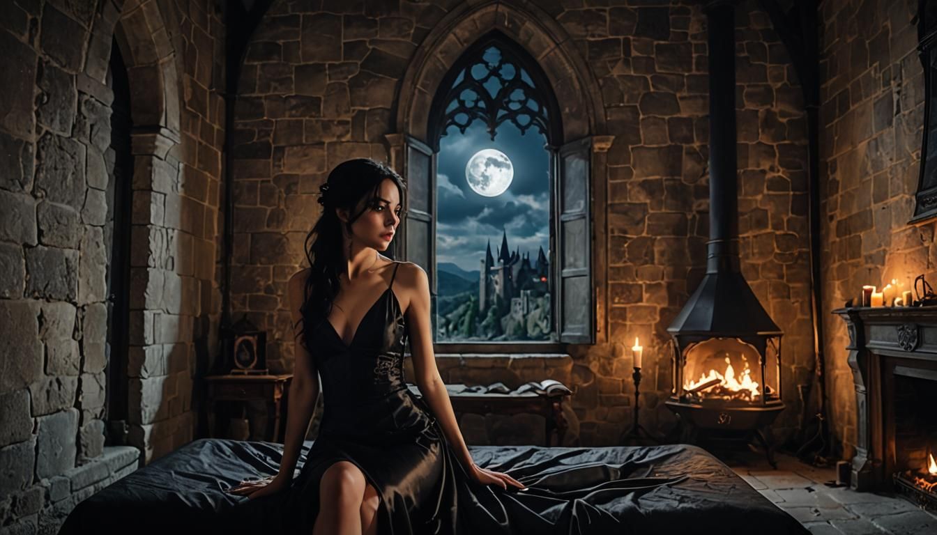 Gothic Castle Interior with Woman in Silk