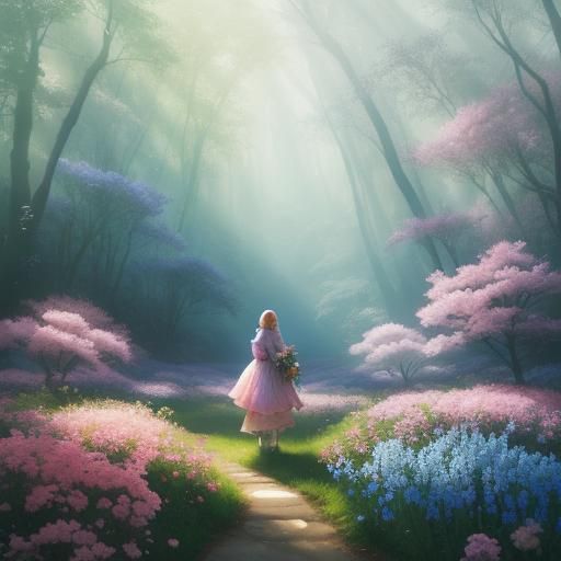 Woman in a Pink Flower Forest: Matte Painting