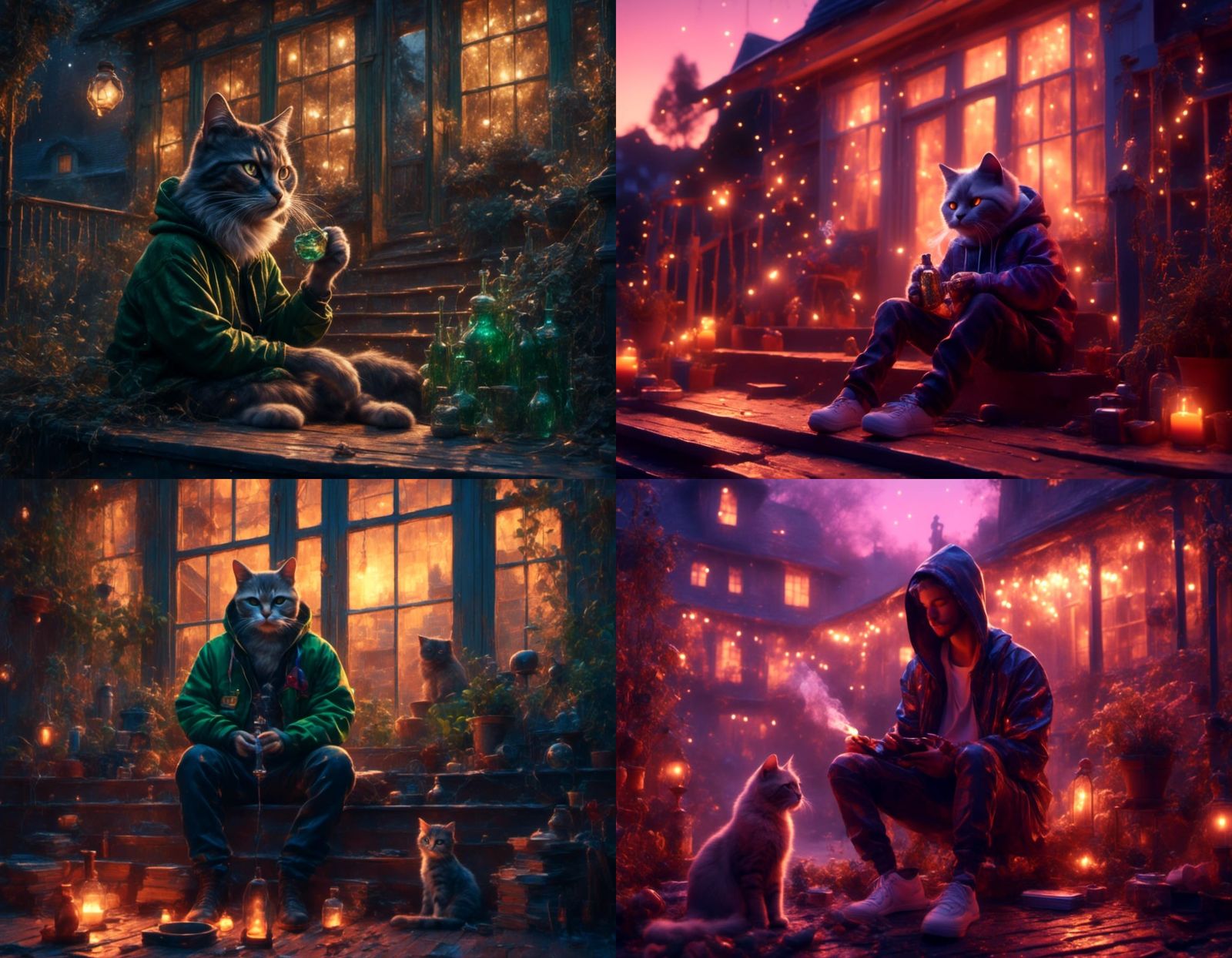 Man and Tuxedo Cat Smoking Bong, Hyperrealistic