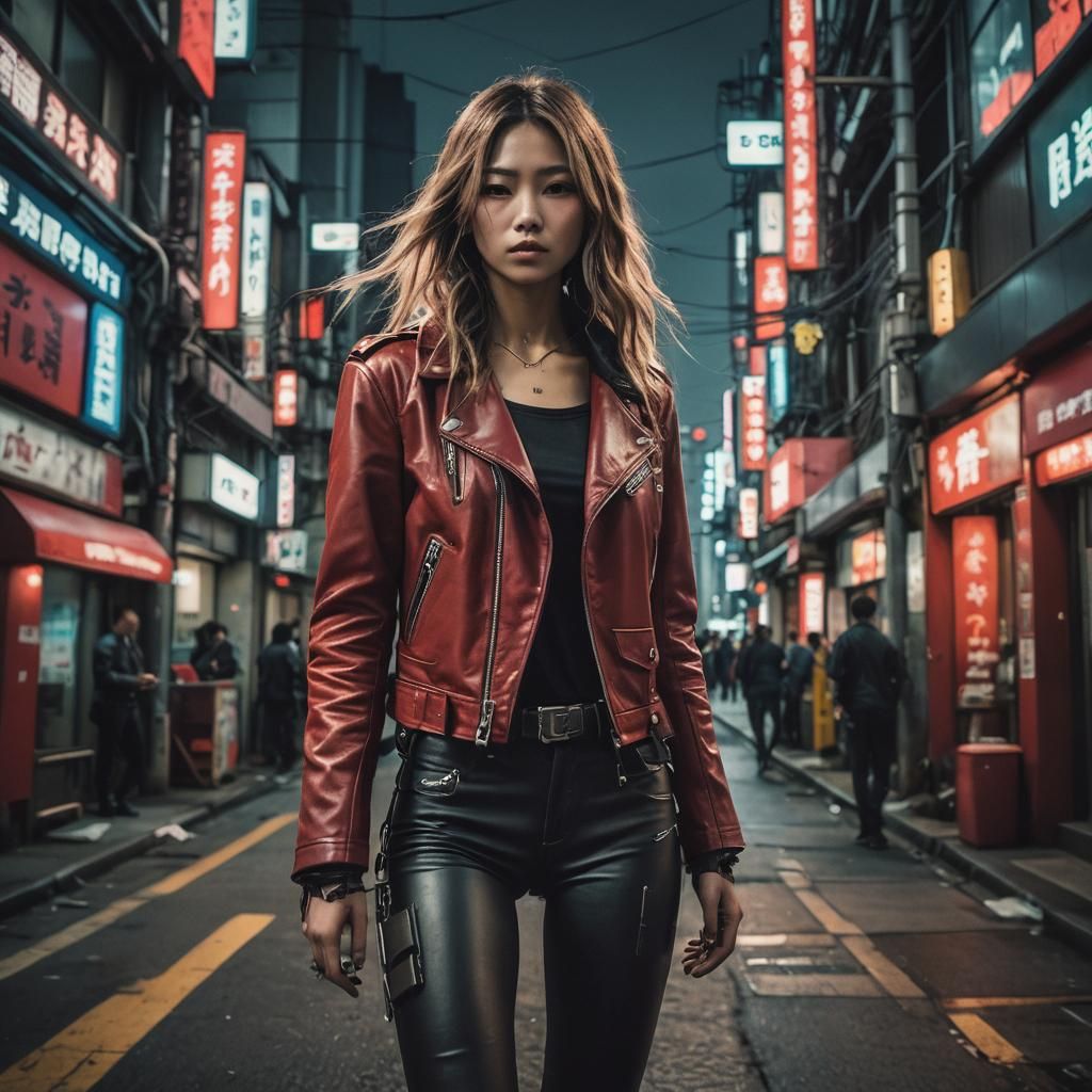 Cyberpunk Japanese Girl in Red Leather Jacket