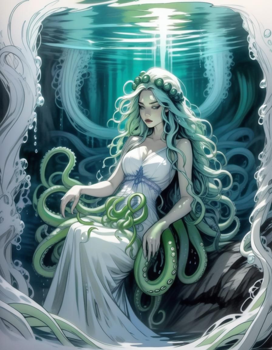 Eldritch Tentacle Goddess Sketch in Water Cave