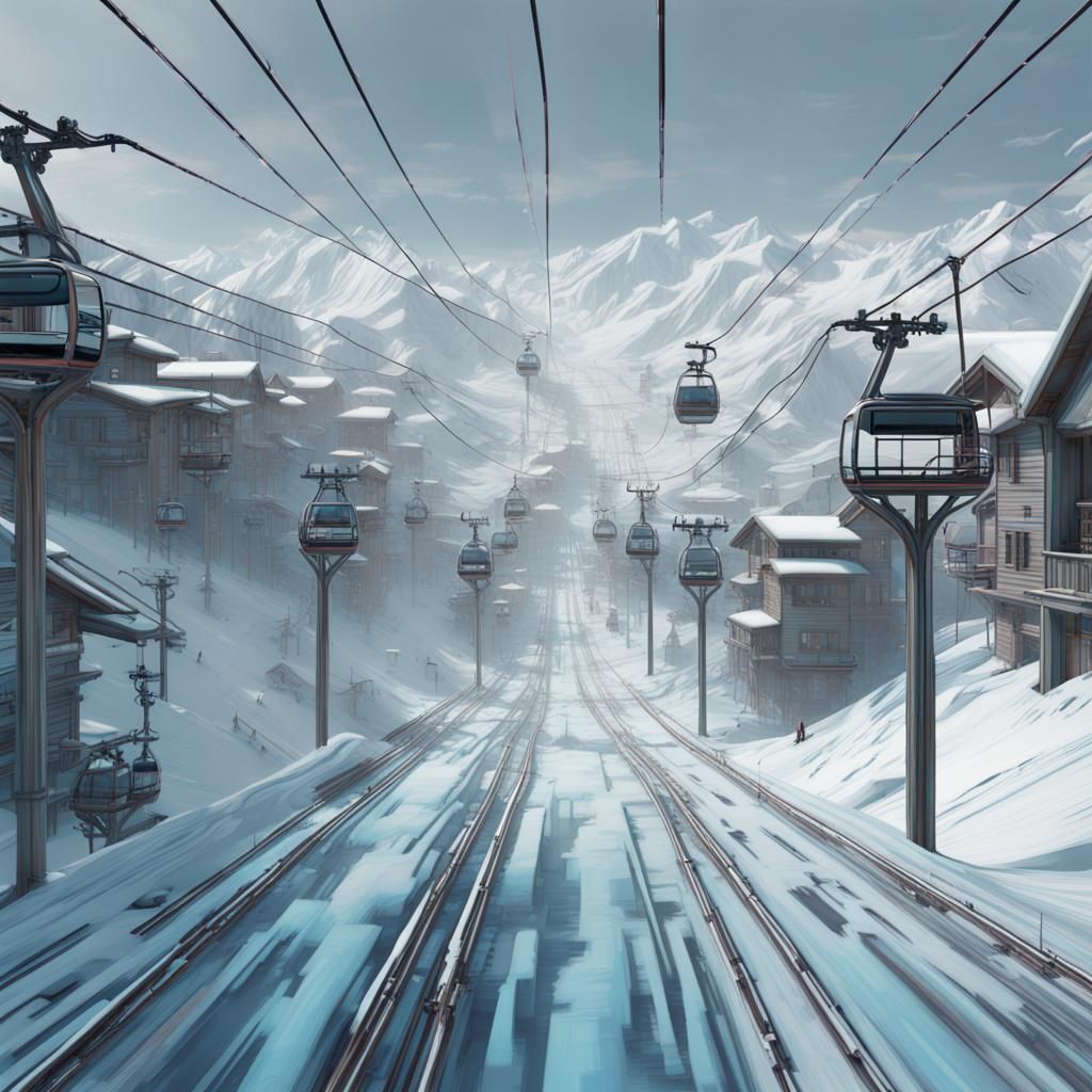 Glitchcore Steampunk Ski Lifts in Winter Scene