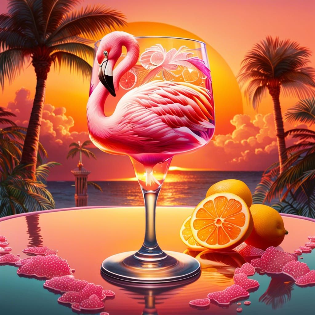 Hyperrealistic Pink Flamingo Cocktail at Sunset