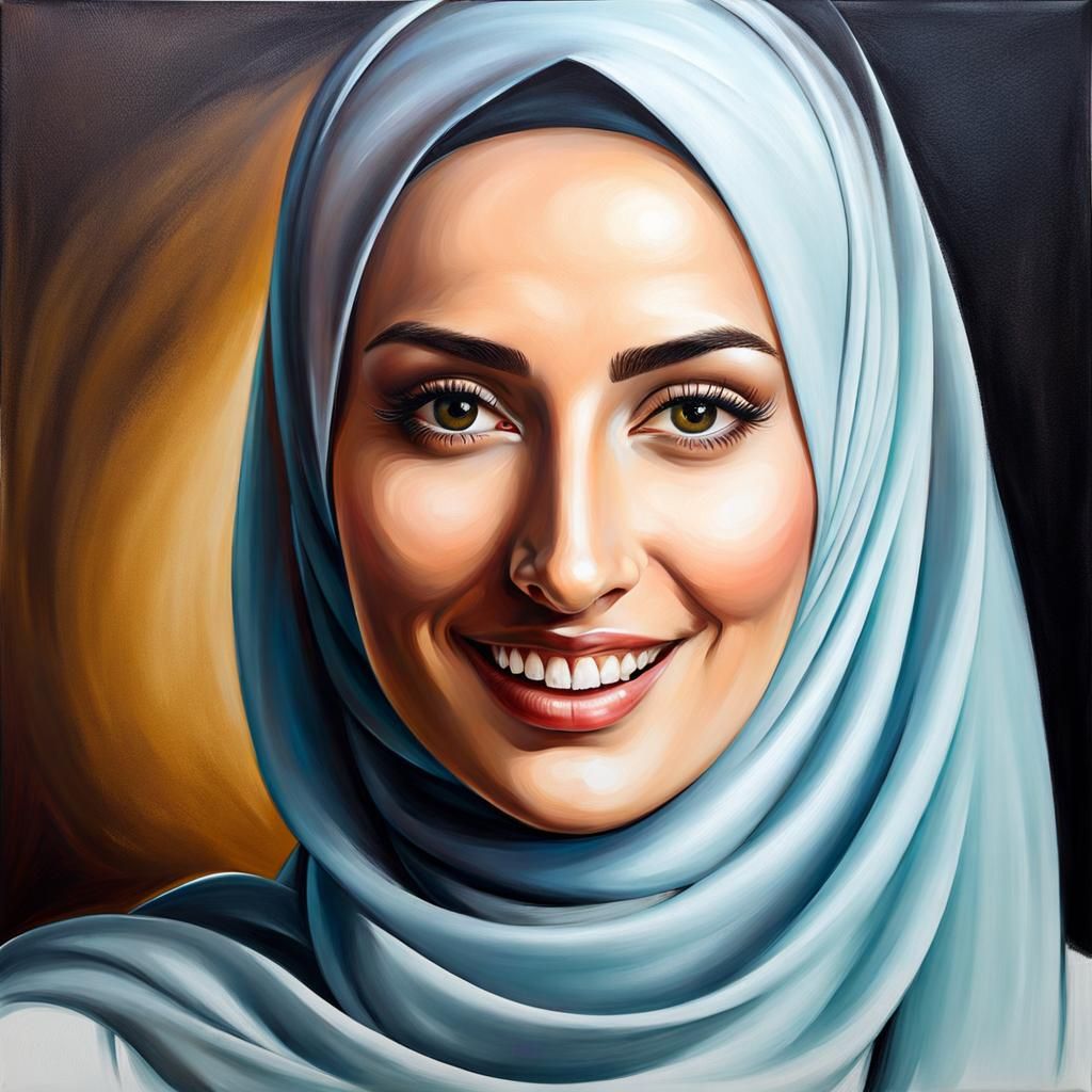 Elegant Young Woman in Hijab: Realistic Oil Painting