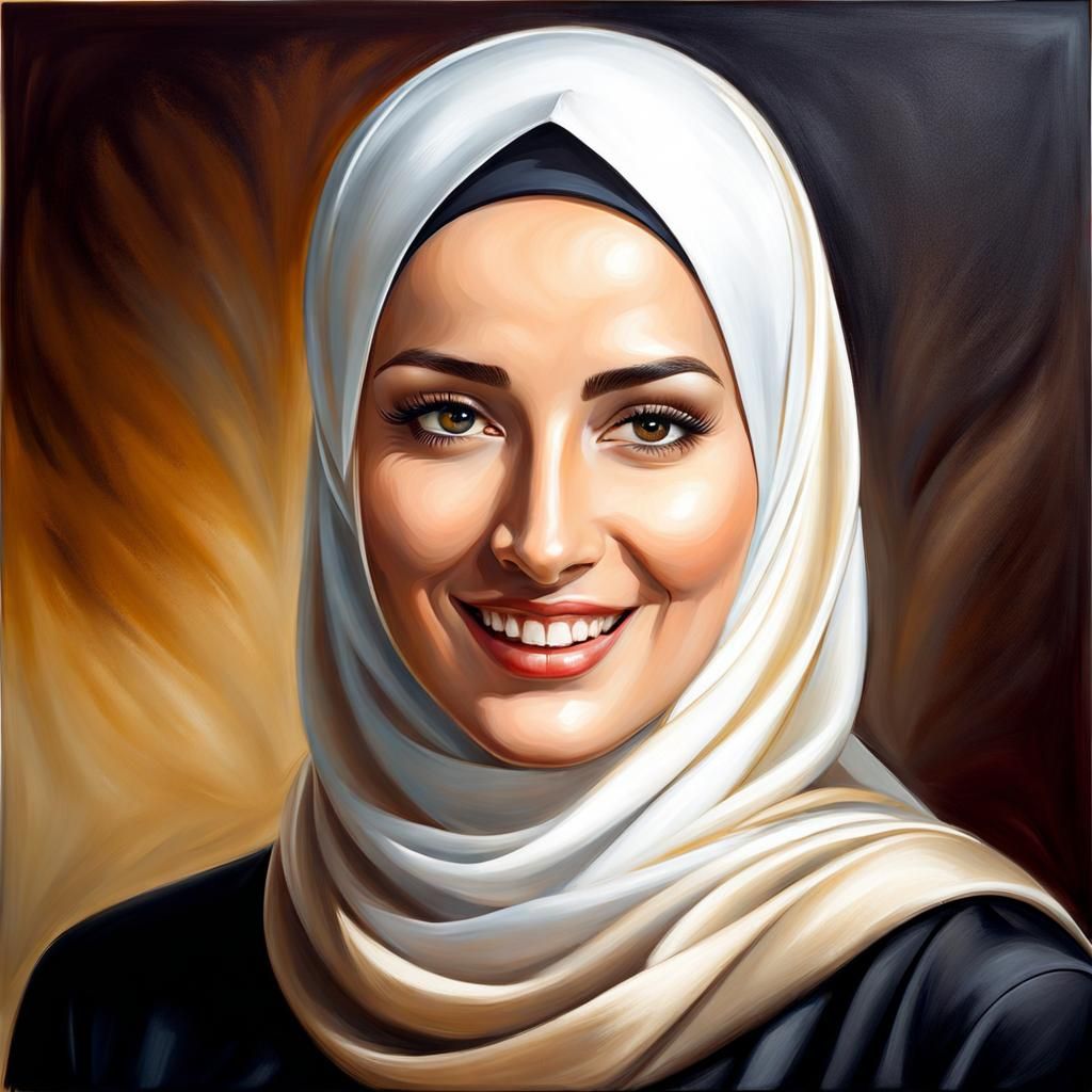 Elegant Young Woman in Hijab: Realistic Oil Painting