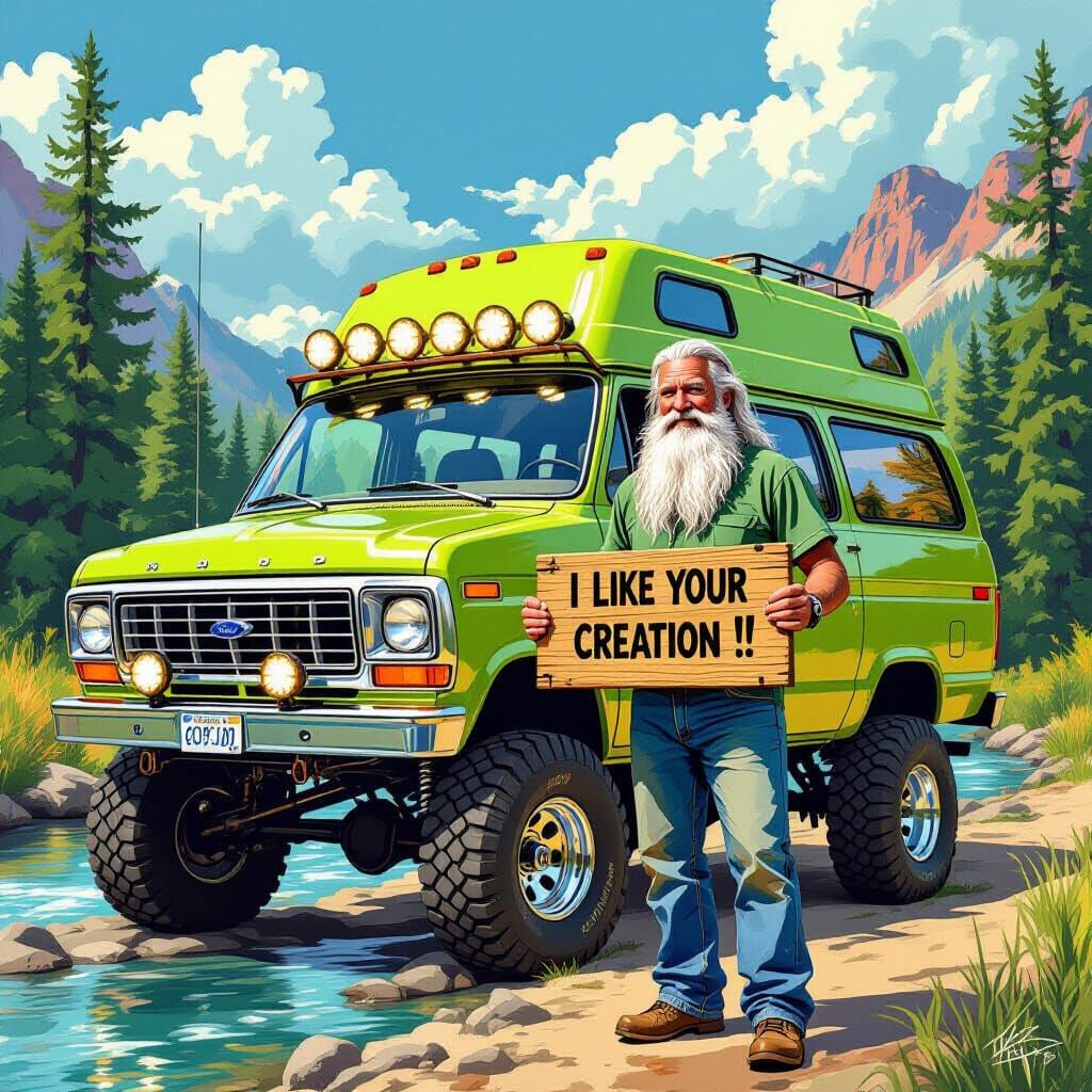 Elderly Man with Beard Holds Sign by Off-Road Van