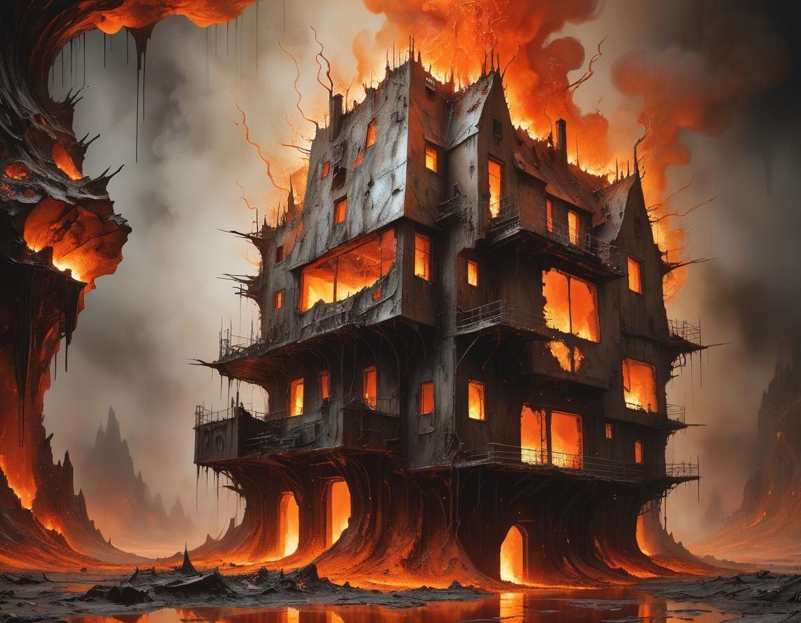 Futuristic House in Molten Metal: Intense Fiery Sparks